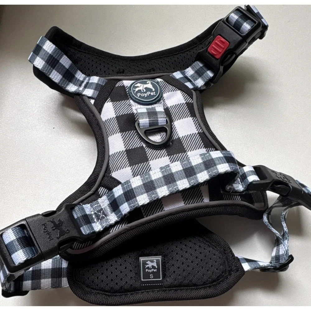 PoyPet Adjustable Padded Soft Vest Harness Small Dog Black & White Plaid